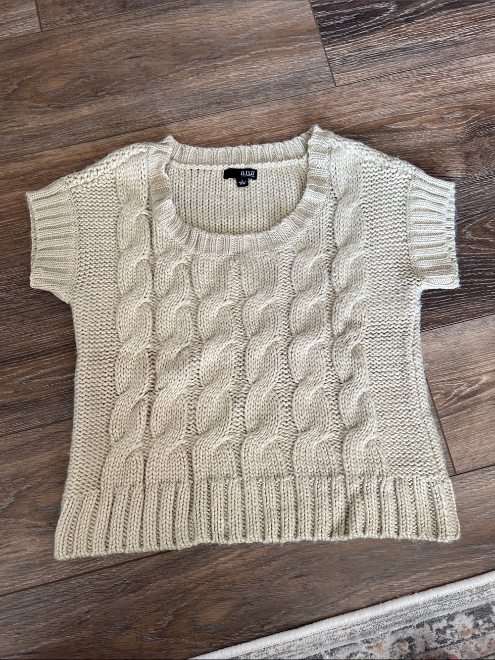 Large a.n.a Cream Cable Knit Short Sleeve Crewneck Sweater